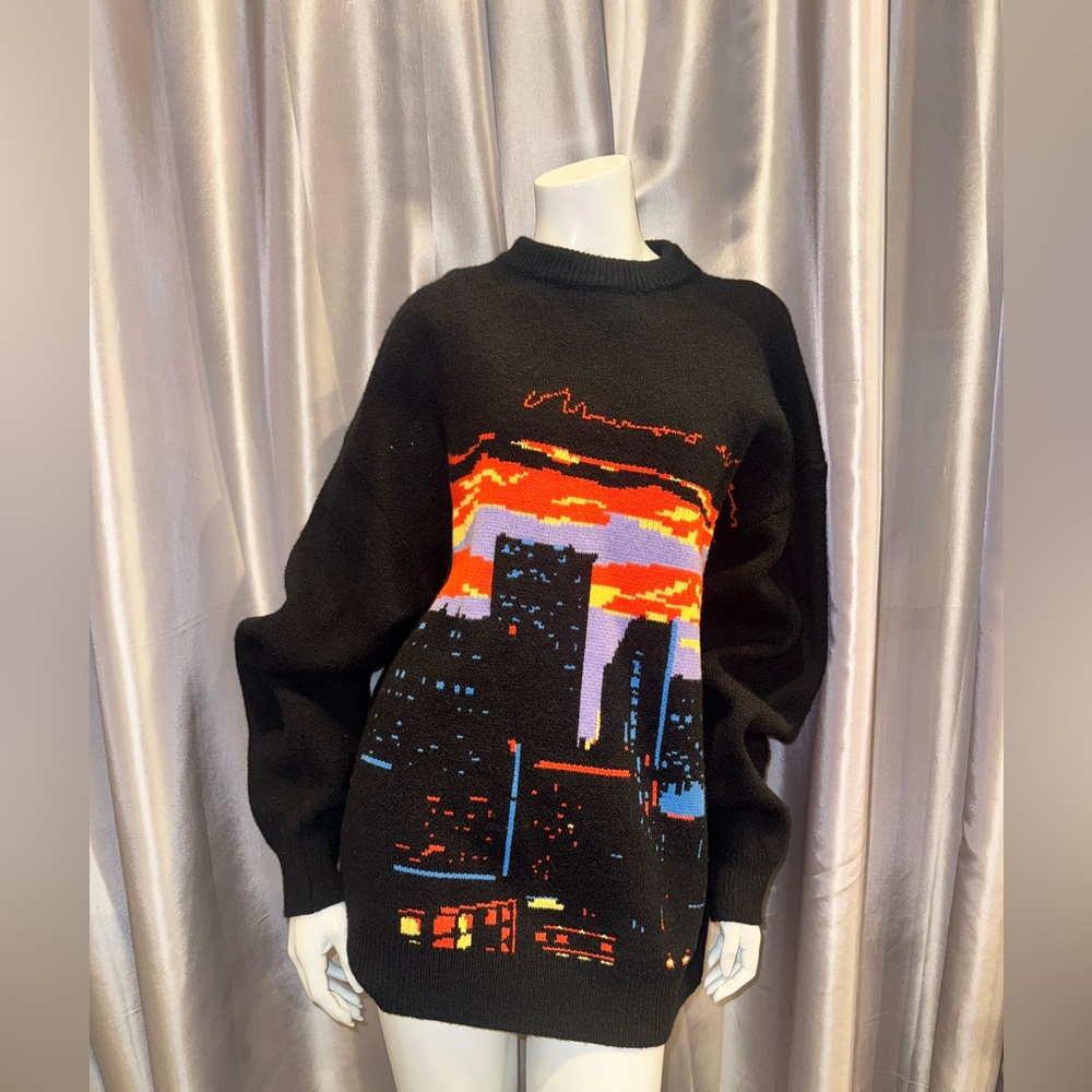 Black Cityscape Sweater with Colorful Skyline